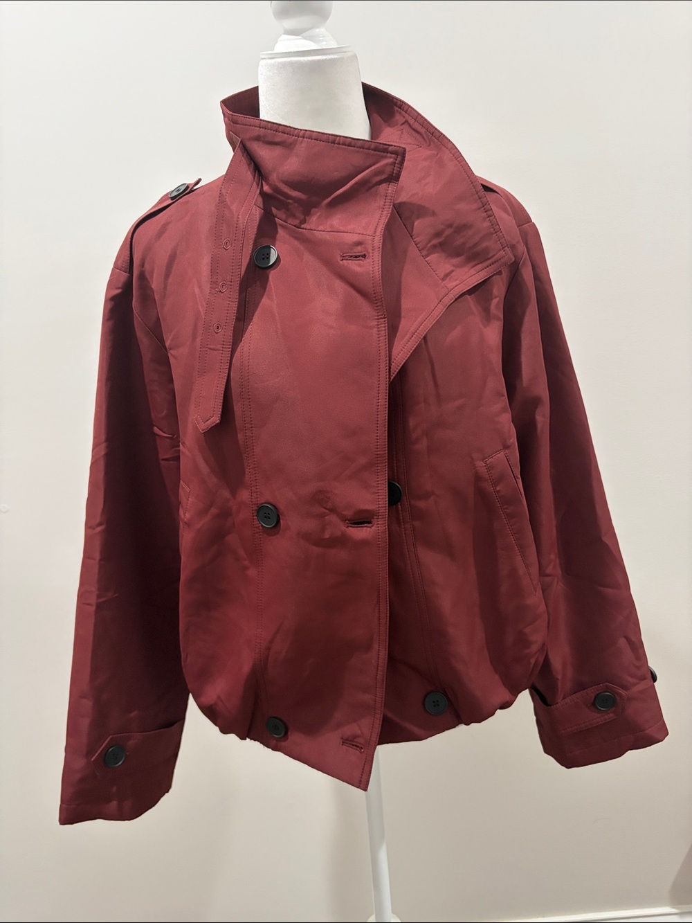 Commense Burgundy Short Trench Coat with Buckle Collar - Picture 6 of 10